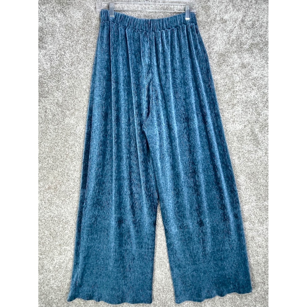 Lumiere Plisse Pleated Wide Leg Pants Women M Teal Blue Metallic Hi Rise Pull On
